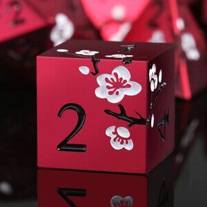 Mahjong Metal Flower Dice | Set of 2 Engraved 6-Sided Dice | Red